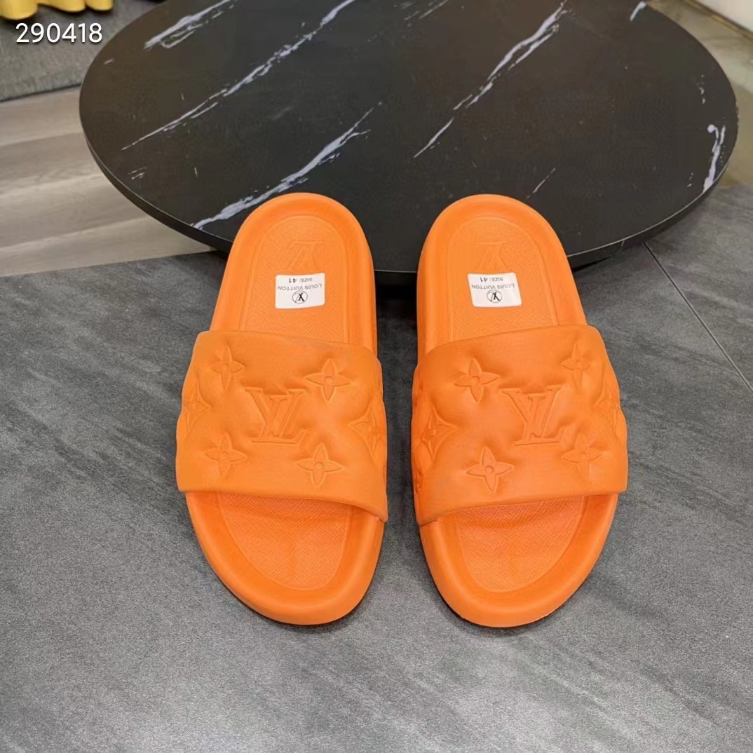 Louis Vuitton LV Unisex Waterfront Mule Orange Monogram Embossed Rubber Waterproof