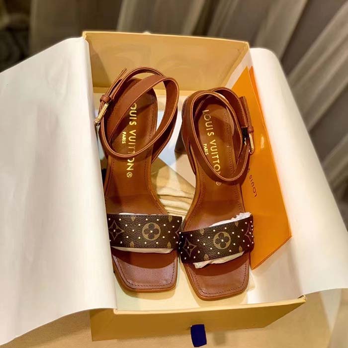 Louis Vuitton LV Women Silhouette Sandal Cacao Brown Patent Monogram Canvas Leather