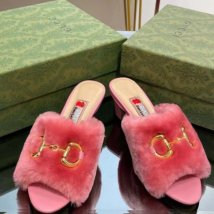 G*u*i gg women’s mid-heel slide sandal pink fabric horsebit 5.6 cm heel