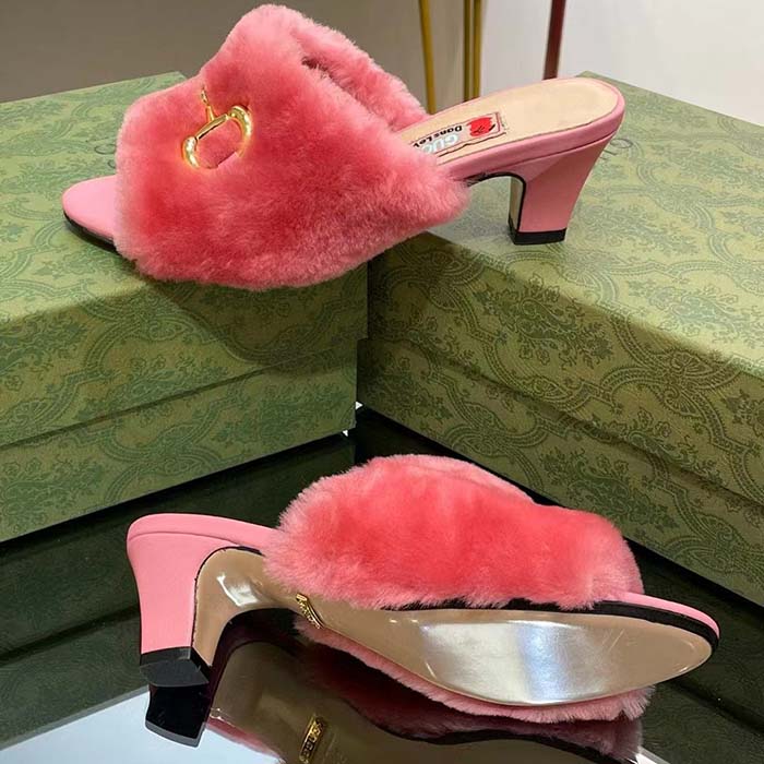 G*u*i gg women’s mid-heel slide sandal pink fabric horsebit 5.6 cm heel