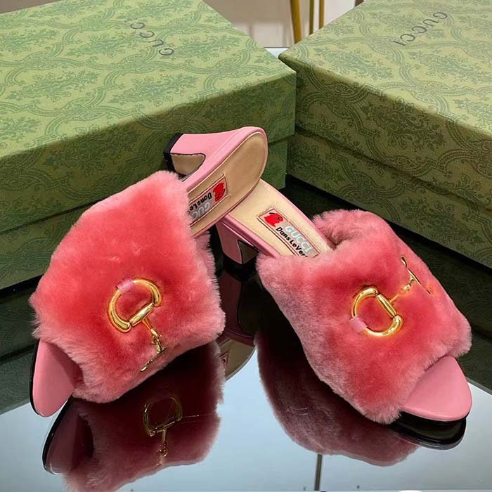 G*u*i gg women’s mid-heel slide sandal pink fabric horsebit 5.6 cm heel