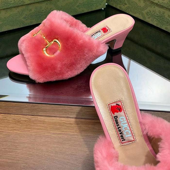 G*u*i gg women’s mid-heel slide sandal pink fabric horsebit 5.6 cm heel