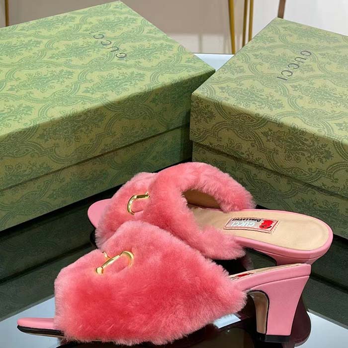 G*u*i gg women’s mid-heel slide sandal pink fabric horsebit 5.6 cm heel