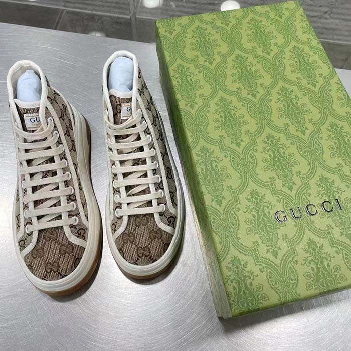 G*u*i unisex gg high top sneaker beige ebony original gg canvas flat interlocking g