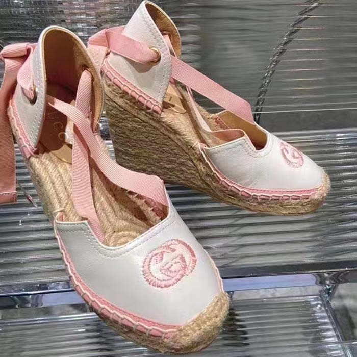 G*u*i women espadrille ribbon tie interlocking g embroidery white cotton canvas peep toe