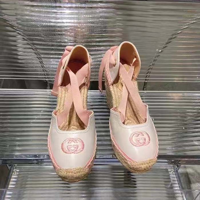 G*u*i women espadrille ribbon tie interlocking g embroidery white cotton canvas peep toe