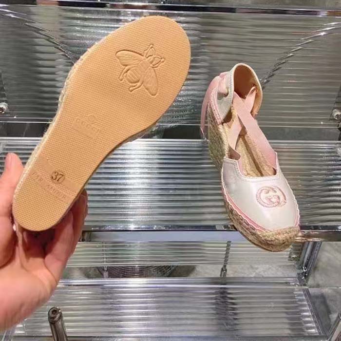 G*u*i women espadrille ribbon tie interlocking g embroidery white cotton canvas peep toe