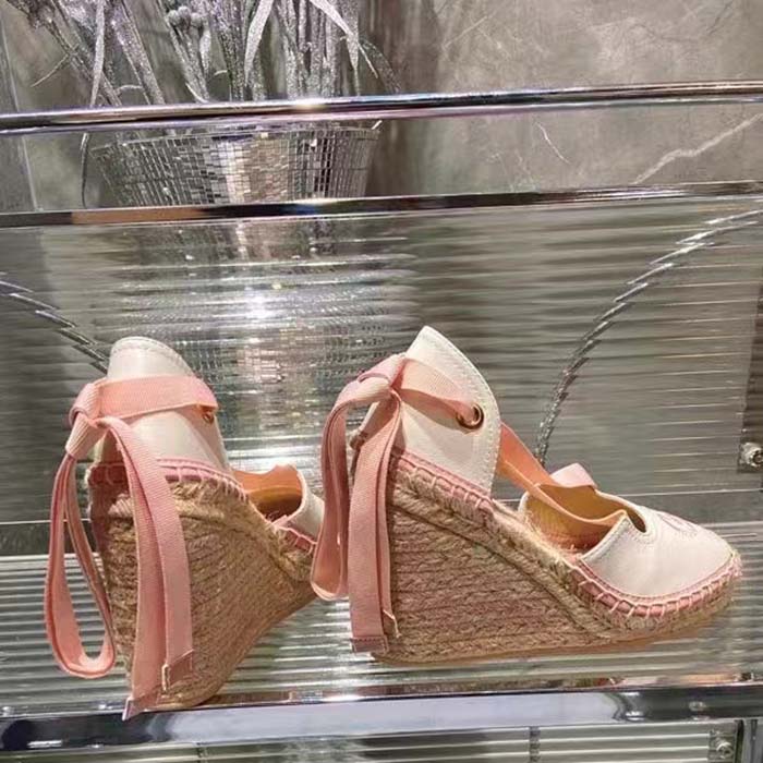 G*u*i women espadrille ribbon tie interlocking g embroidery white cotton canvas peep toe