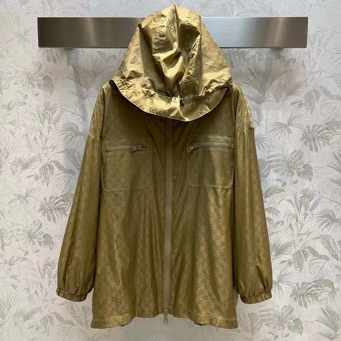 G*u*i men gg hooded jacket light camel gg nylon jacquard