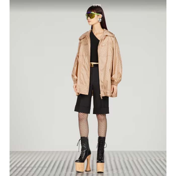 G*u*i women gg hooded jacket light camel gg nylon jacquard