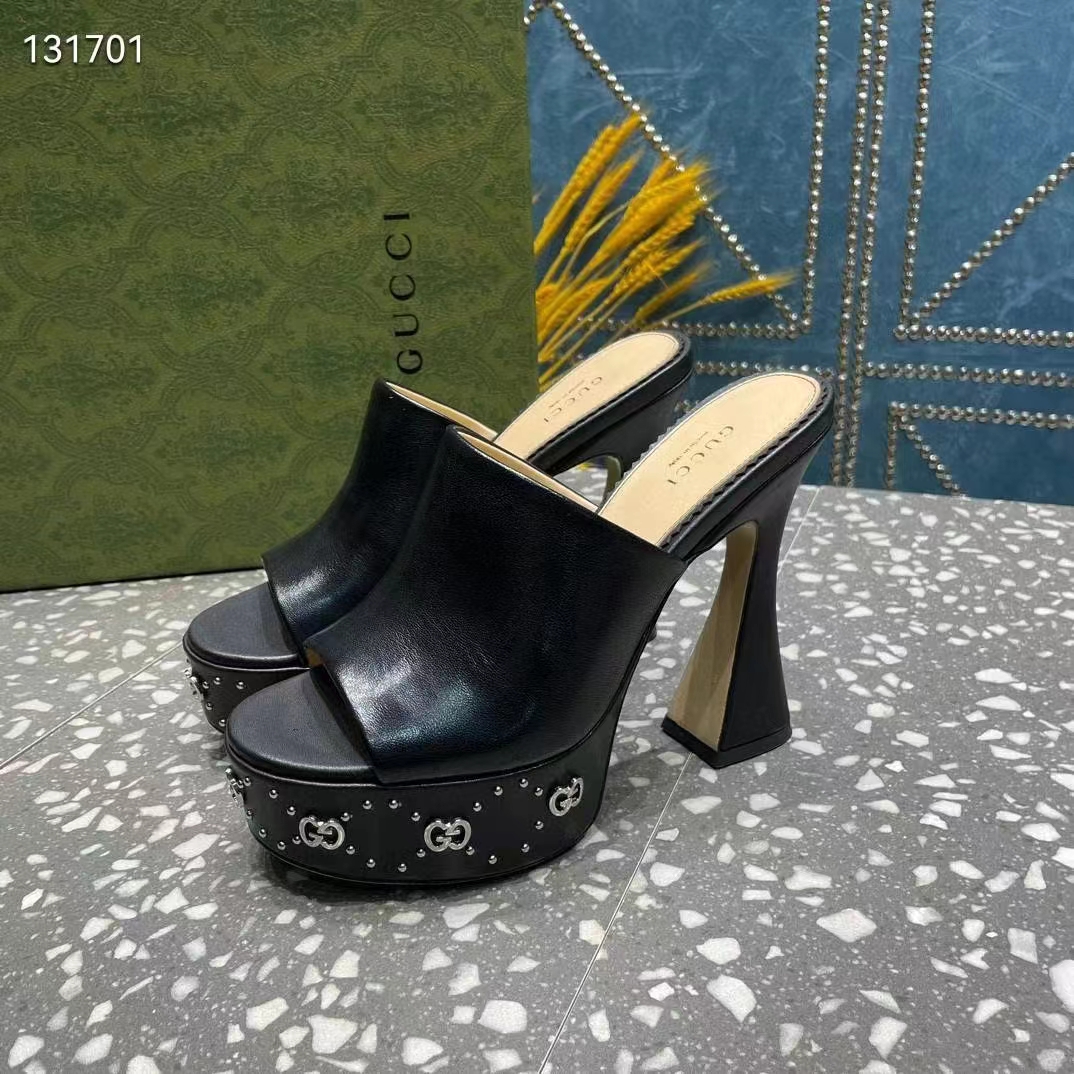 G*u*i women gg platform slide sandal black leather spool high 11 cm heel