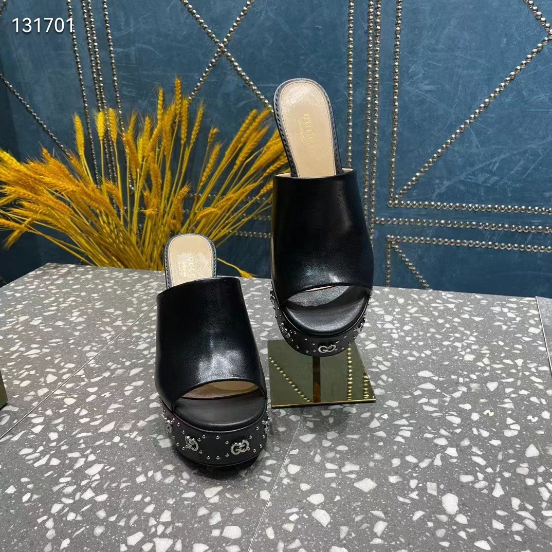 G*u*i women gg platform slide sandal black leather spool high 11 cm heel