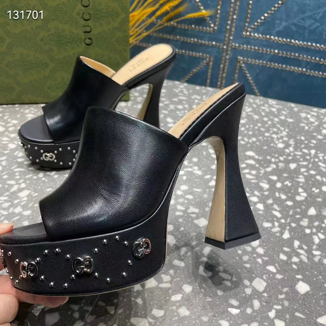 G*u*i women gg platform slide sandal black leather spool high 11 cm heel