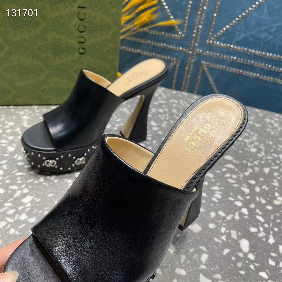 G*u*i women gg platform slide sandal black leather spool high 11 cm heel
