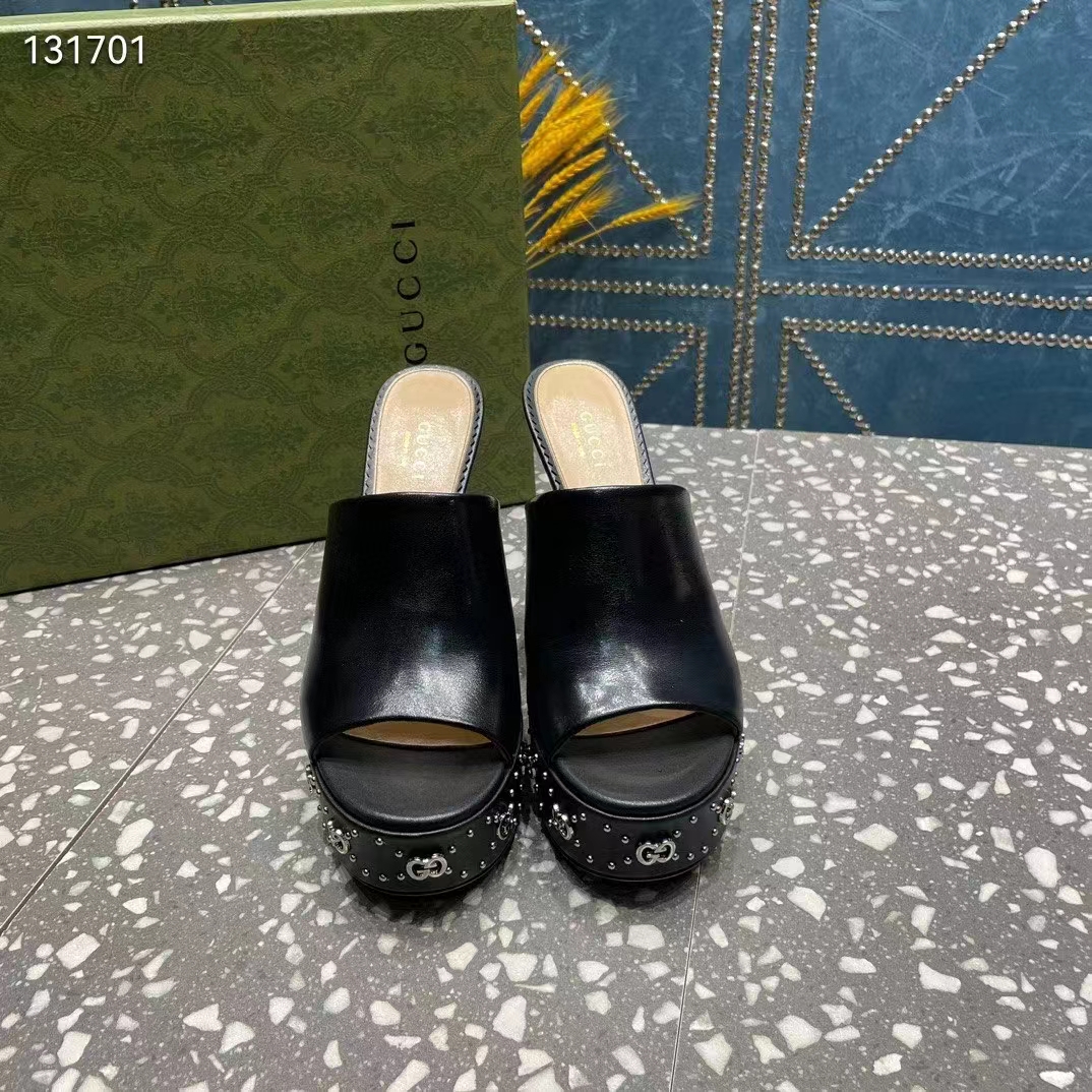 G*u*i women gg platform slide sandal black leather spool high 11 cm heel