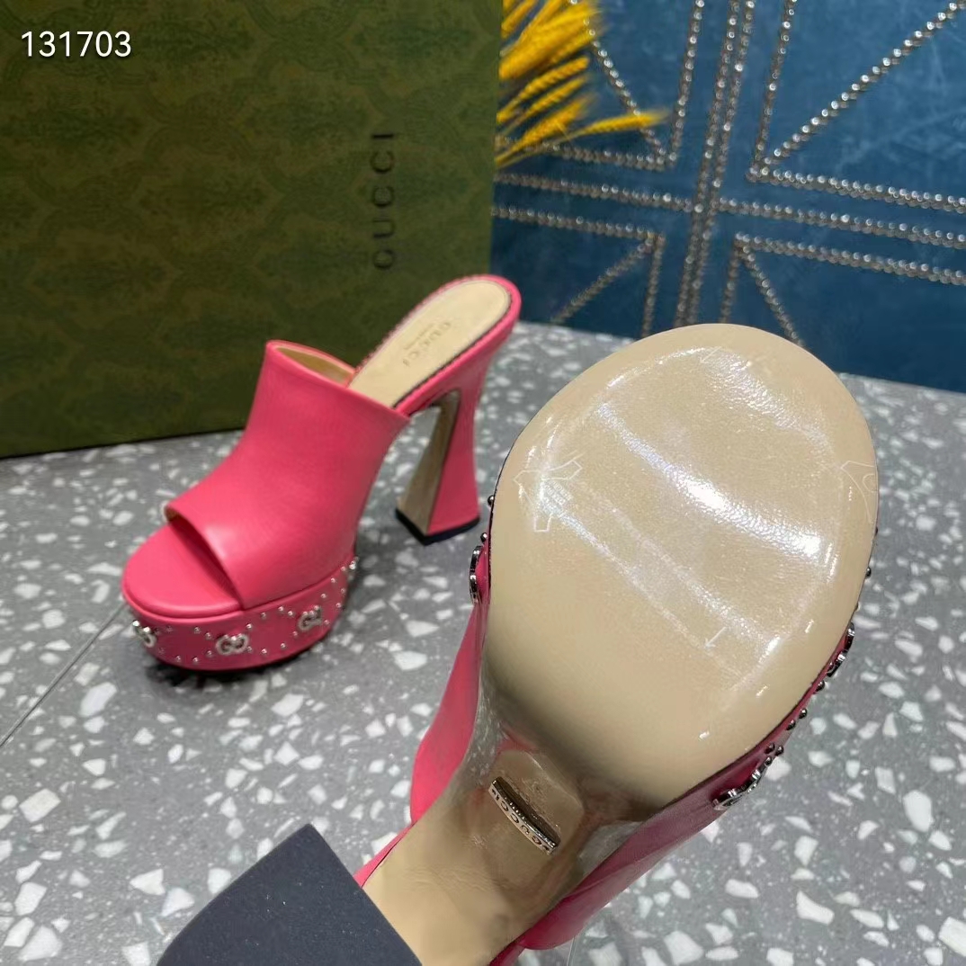 G*u*i women gg platform slide sandal pink leather spool high 11 cm heel