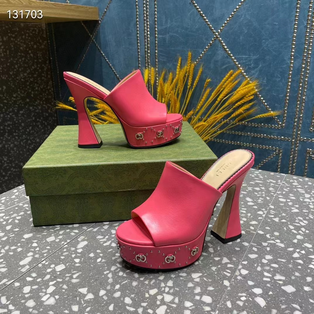G*u*i women gg platform slide sandal pink leather spool high 11 cm heel