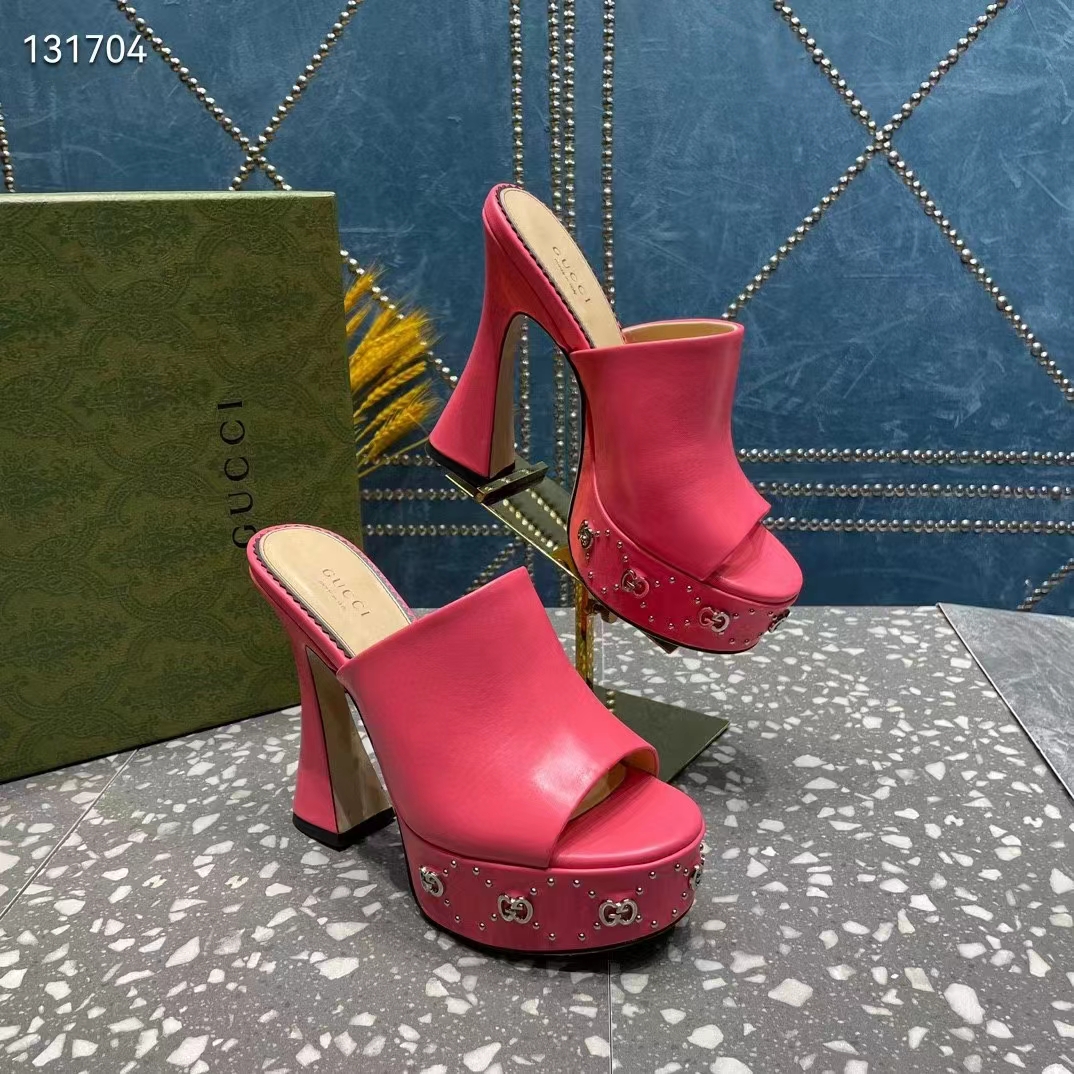G*u*i women gg platform slide sandal pink leather spool high 11 cm heel