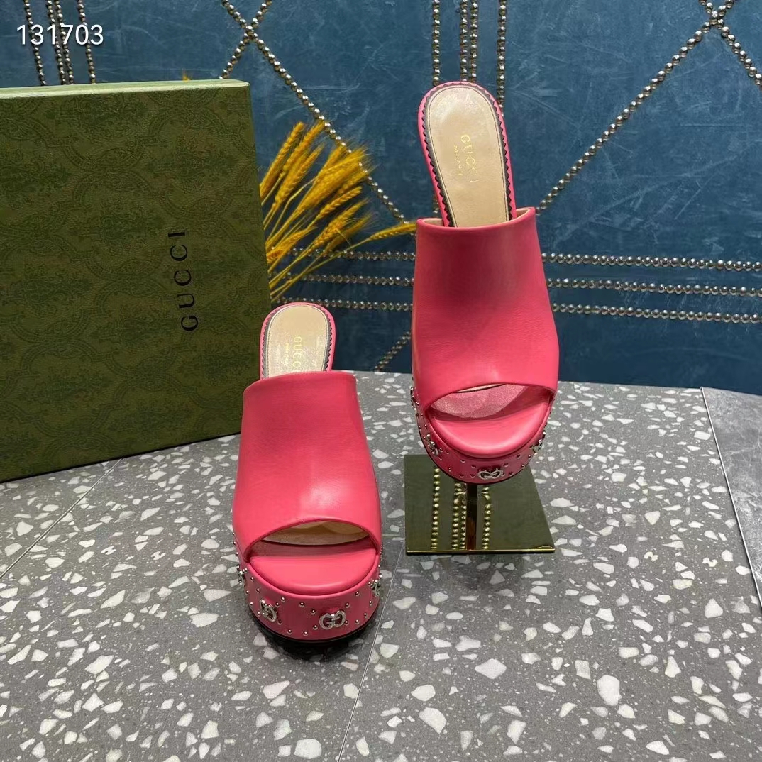 G*u*i women gg platform slide sandal pink leather spool high 11 cm heel