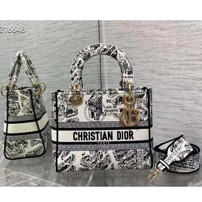 Dior Women CD Medium Lady D-Lite Bag White Black Plan De Paris Embroidery