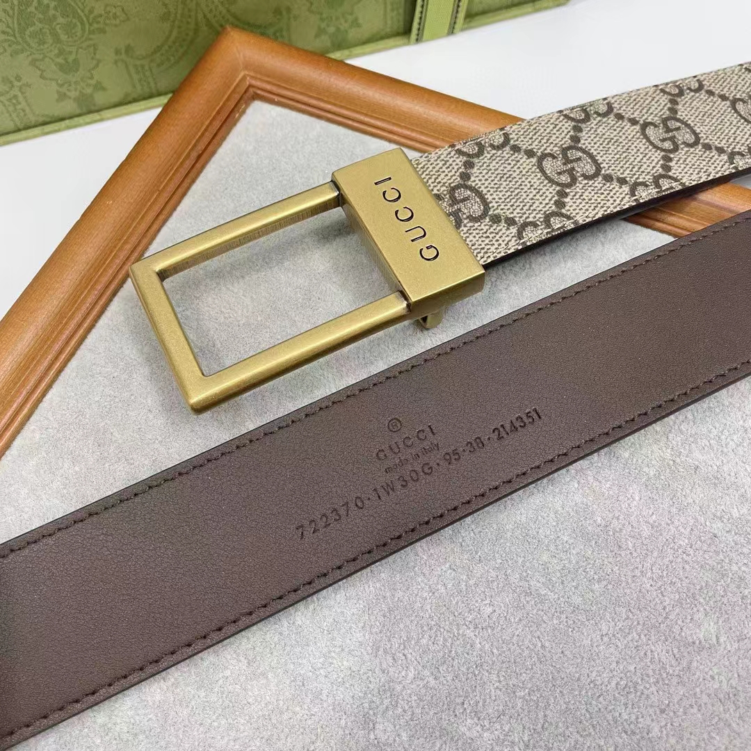 G*u*i unisex belt rectangular buckle beige ebony gg supreme canvas 3.6 cm width