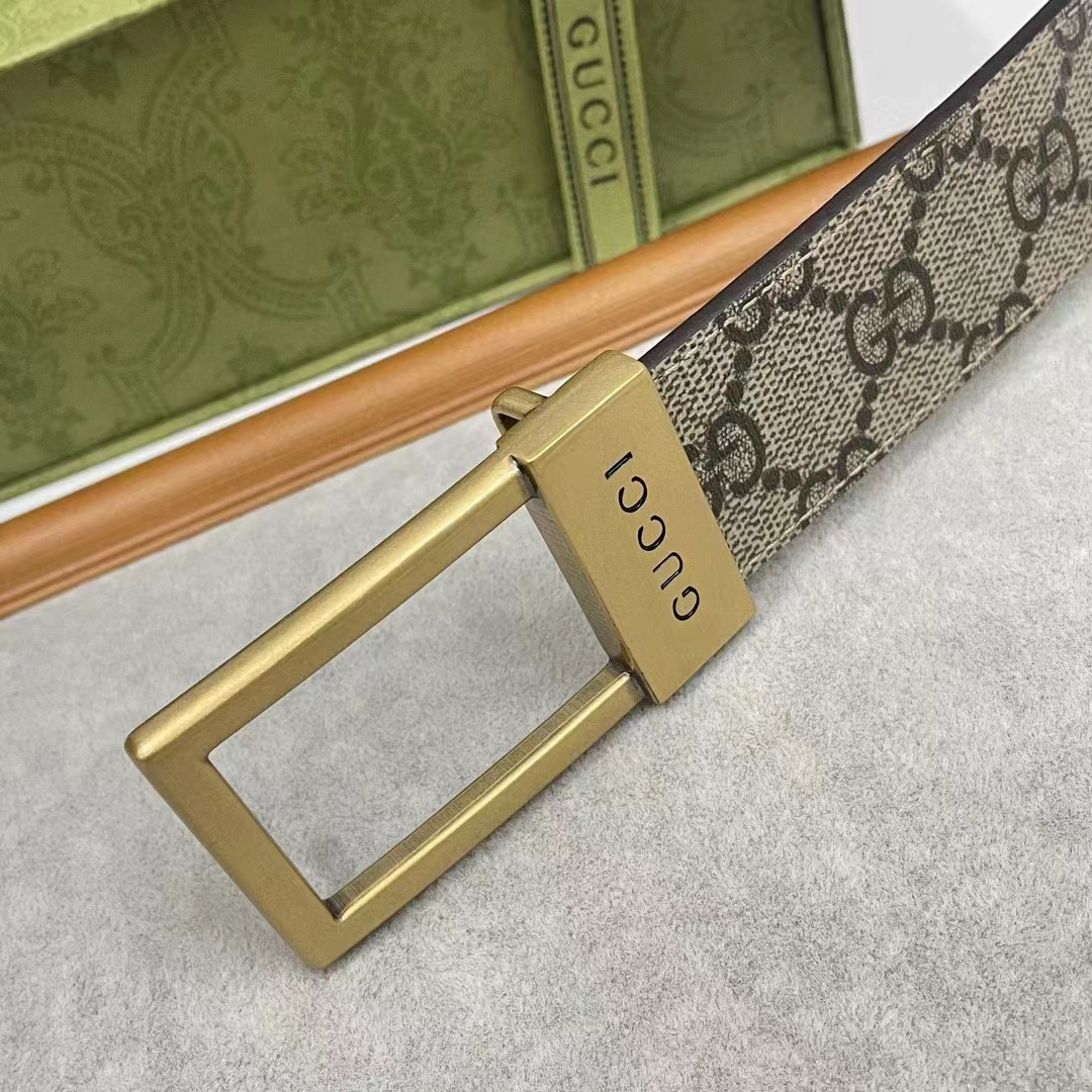 G*u*i unisex belt rectangular buckle beige ebony gg supreme canvas 3.6 cm width