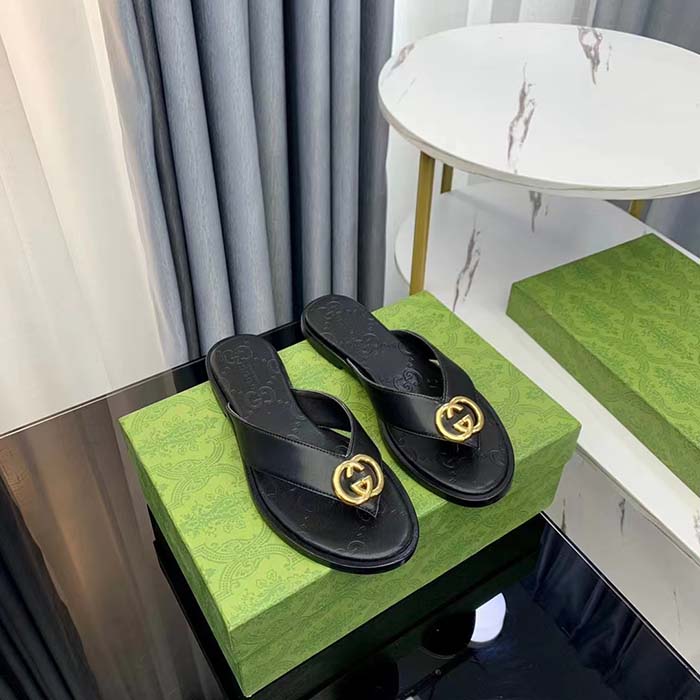 G*u*i unisex gg interlocking g thong sandal black leather flat