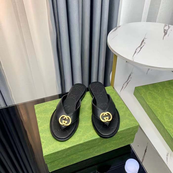 G*u*i unisex gg interlocking g thong sandal black leather flat