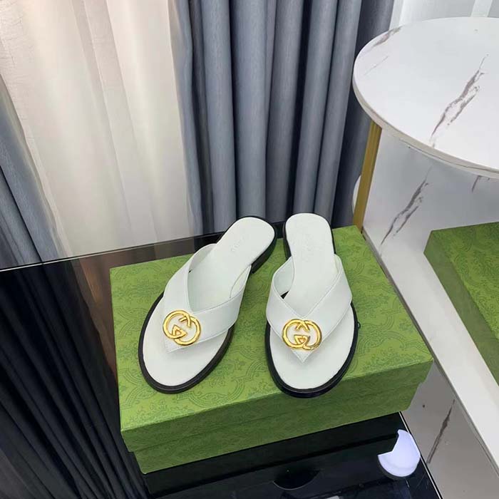 G*u*i unisex gg interlocking g thong sandal white leather flat