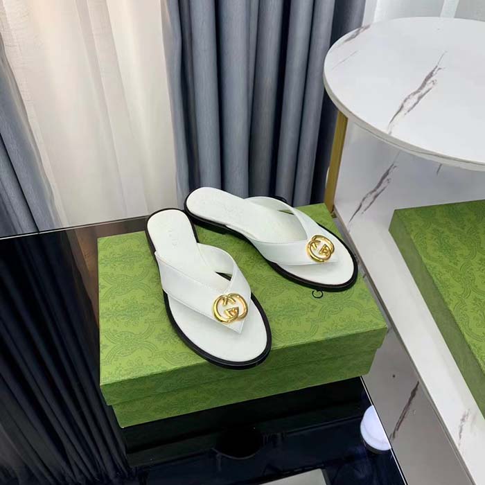 G*u*i unisex gg interlocking g thong sandal white leather flat