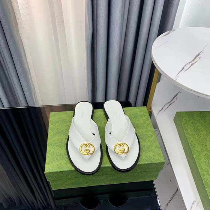 G*u*i unisex gg interlocking g thong sandal white leather flat