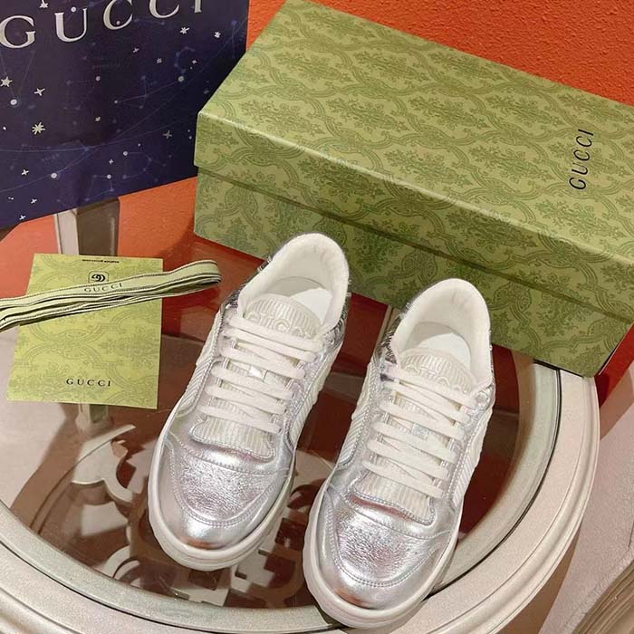 G*u*i unisex gg mac80 sneaker metallic silver leather fabric round toe rubber flat