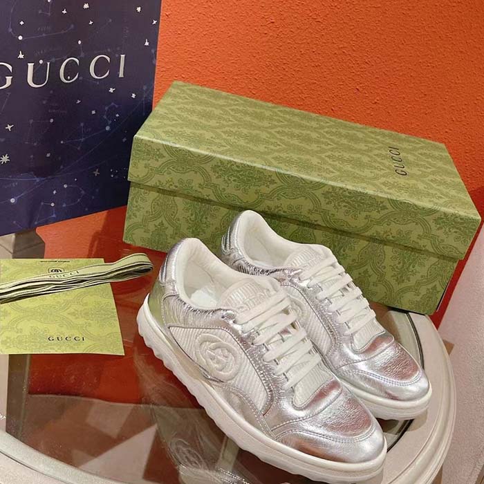 G*u*i unisex gg mac80 sneaker metallic silver leather fabric round toe rubber flat