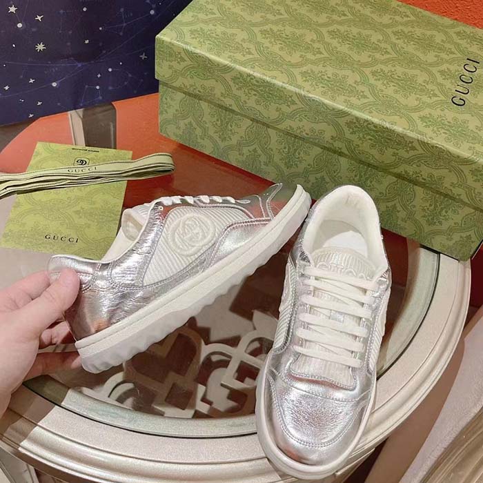 G*u*i unisex gg mac80 sneaker metallic silver leather fabric round toe rubber flat