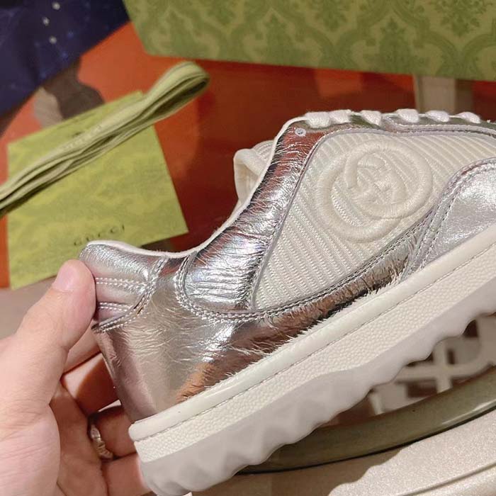 G*u*i unisex gg mac80 sneaker metallic silver leather fabric round toe rubber flat