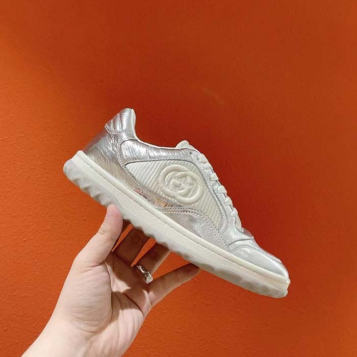 G*u*i unisex gg mac80 sneaker metallic silver leather fabric round toe rubber flat
