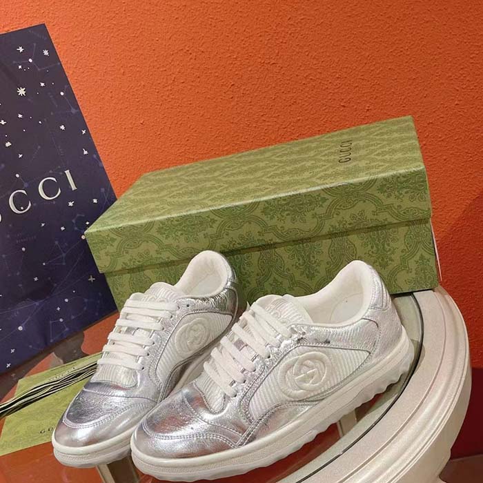 G*u*i unisex gg mac80 sneaker metallic silver leather fabric round toe rubber flat