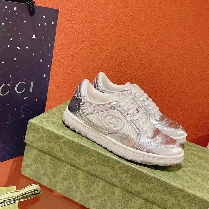 G*u*i unisex gg mac80 sneaker metallic silver leather fabric round toe rubber flat