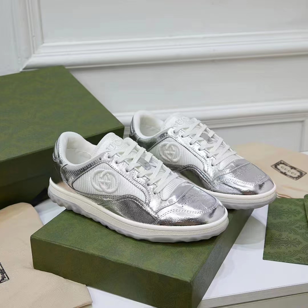 G*u*i unisex gg mac80 sneaker metallic silver leather round toe rubber flat