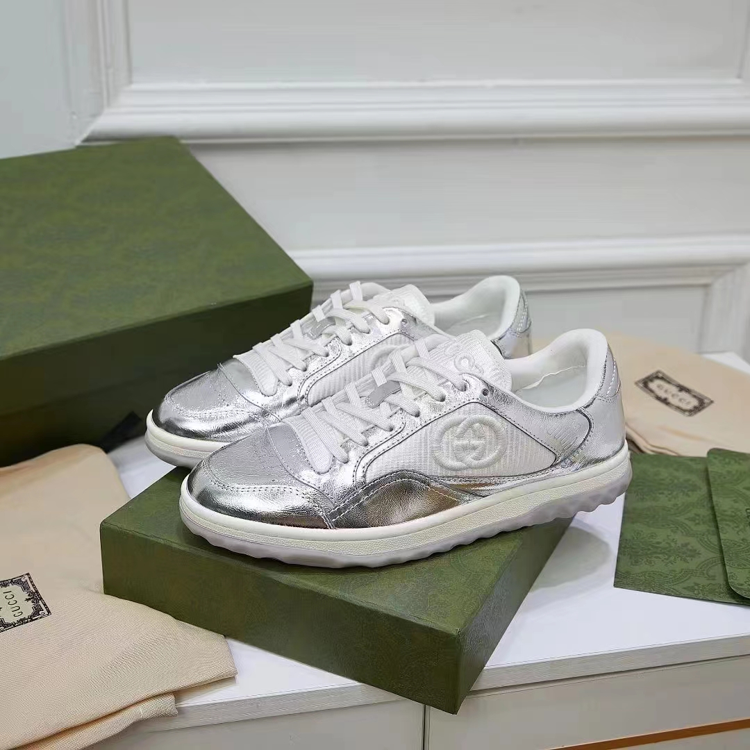 G*u*i unisex gg mac80 sneaker metallic silver leather round toe rubber flat