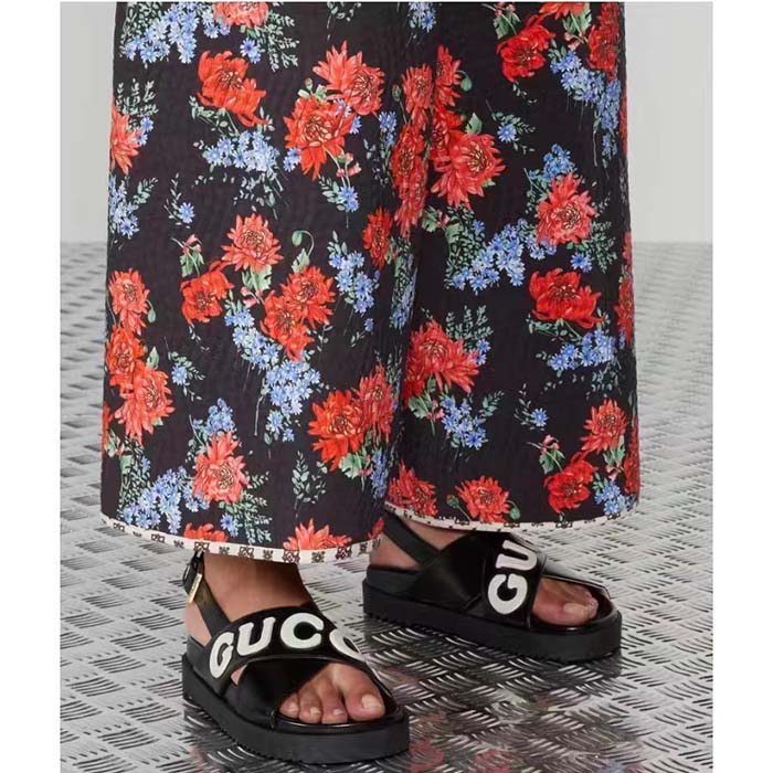 G*u*i unisex gg sandal black white leather script rubber buckle flat