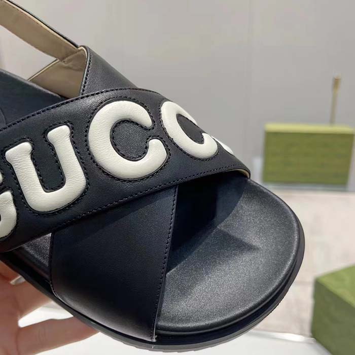 G*u*i unisex gg sandal black white leather script rubber buckle flat