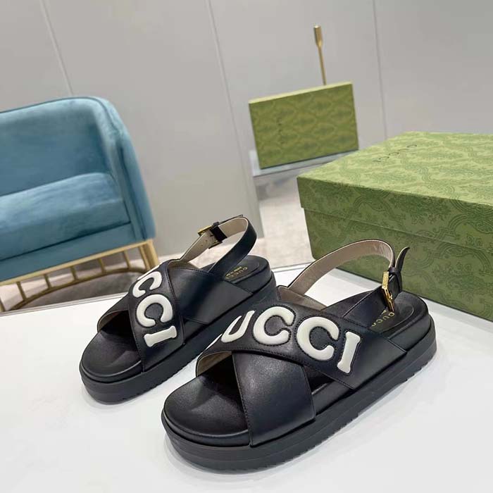 G*u*i unisex gg sandal black white leather script rubber buckle flat