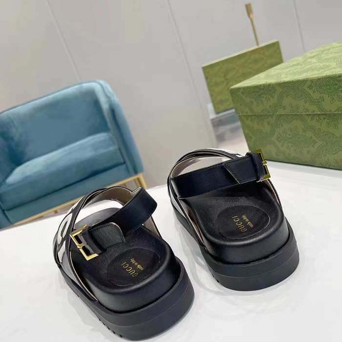 G*u*i unisex gg sandal black white leather script rubber buckle flat