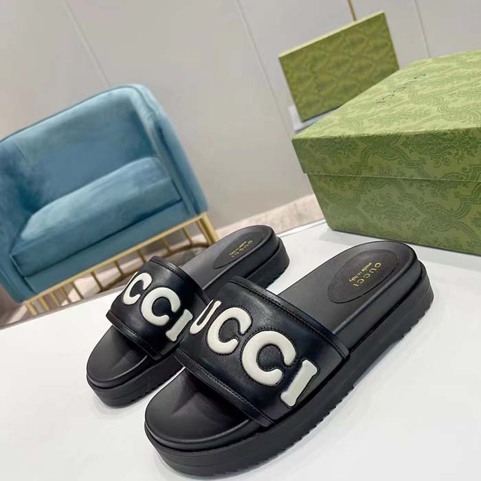 G*u*i unisex gg slide sandal black white leather script rubber flat