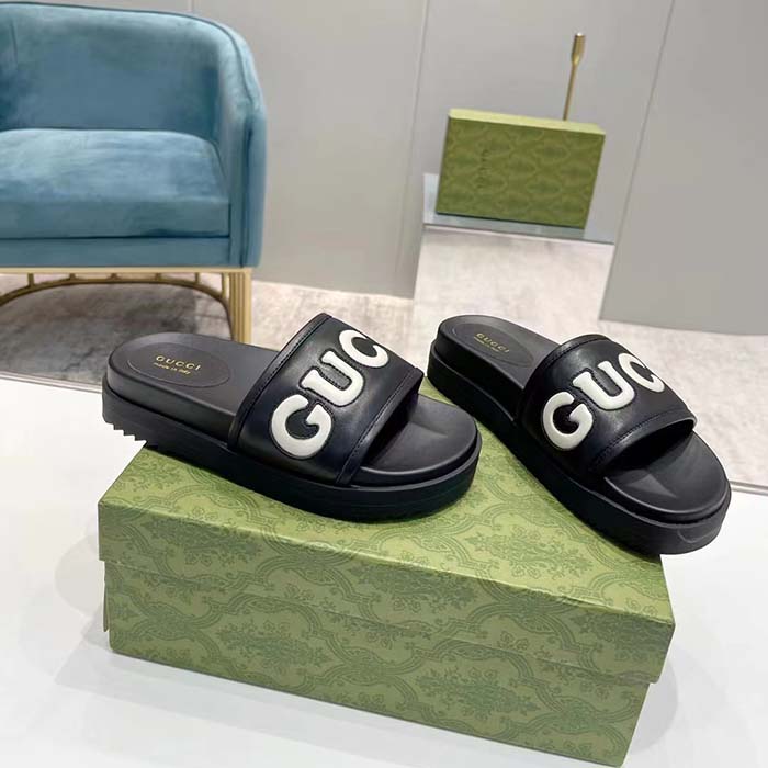 G*u*i unisex gg slide sandal black white leather script rubber flat