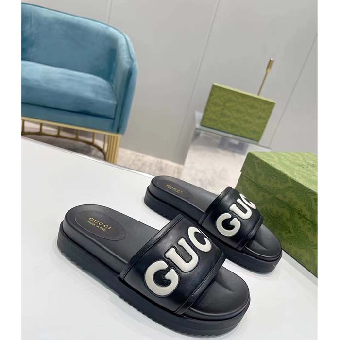 G*u*i unisex gg slide sandal black white leather script rubber flat