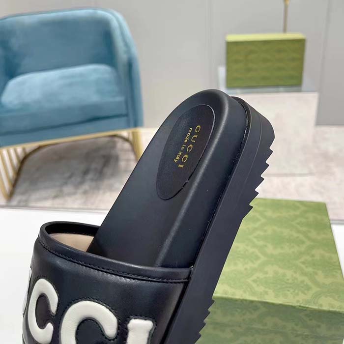G*u*i unisex gg slide sandal black white leather script rubber flat