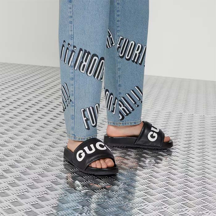 G*u*i unisex gg slide sandal black white leather script rubber flat