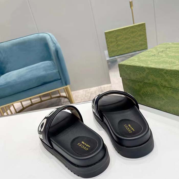 G*u*i unisex gg slide sandal black white leather script rubber flat